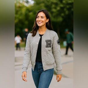 Roots Gray Quilted Jacket with Patches XL fits like a Medium